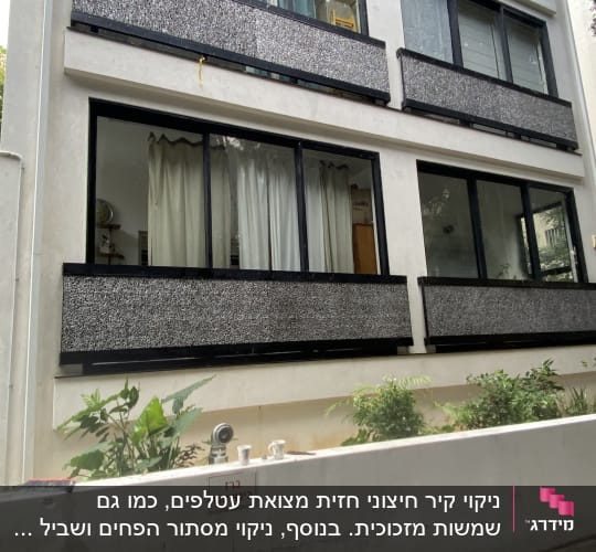 ניקוי קיר חיצוני חזית מצואת עטלפים, כמו גם שמשות מזכוכית. בנוסף, ניקוי מסתור הפחים ושביל הגרנלית.